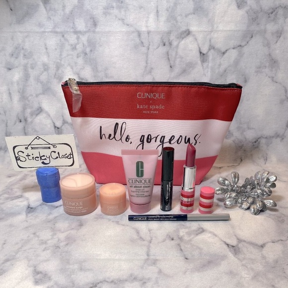 Clinique x Kate Spade Beauty Set-Pink PouchMascaraCleanserMoisturizer-7pc-NEW